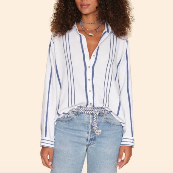 Xirena Scout Shirt Cloud Blue White Stripe Cabana Gauze Long Sleeve Button-Small - Picture 1 of 11